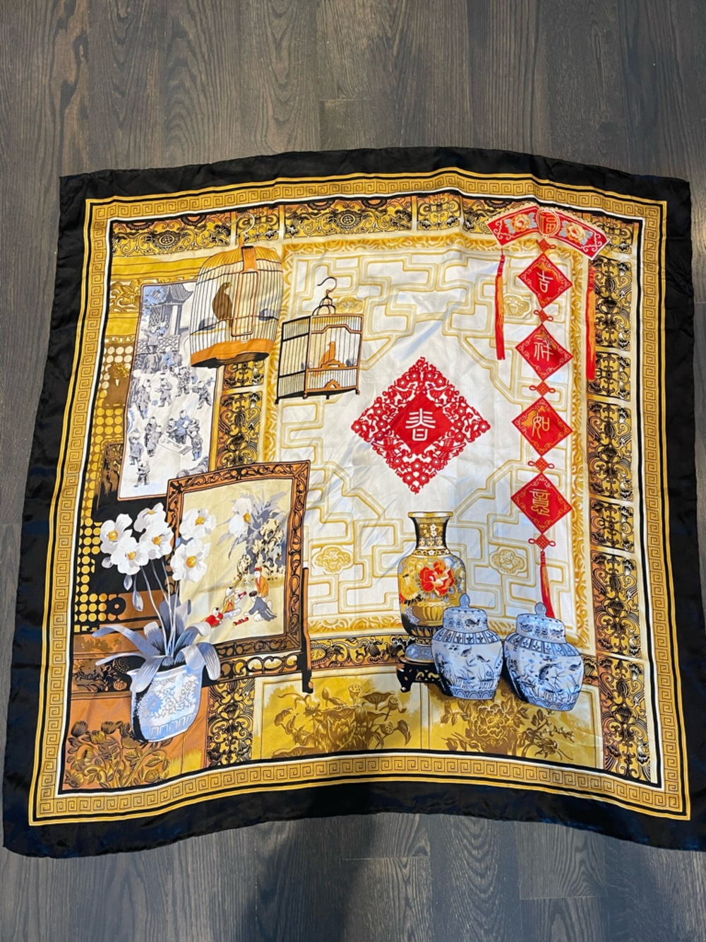 RARE Vintage Huali Large Chinoiserie Silk Scarf